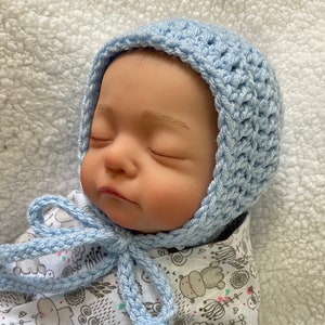 Gender Neutral Baby Bonnet Baby Blue Boy Crochet Hat Baby Boy Christening Baptism Bonnet Baby Boy Hat Unisex Baby Clothes image 1