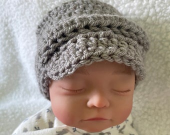 Brimmed Hat for Baby Boy - Crochet Hat with Brim - Newborn Boy Crochet Winter Hat - Coming Home Outfit - Hospital Hat - Newborn Photo Prop