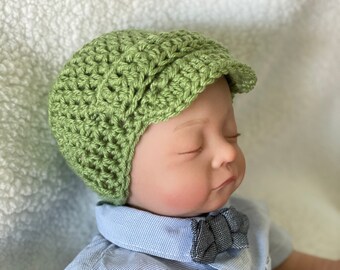 Crochet Green Baby Boy Newsboy Hat with Brim, Baby Hats, Newborn Boy Hat, Crochet Hats,  Photo Props, Photography, Coming Home Outfit