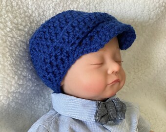 Crochet Blue Baby Boy Newsboy Hat with Brim, Baby Hats, Newborn Boy Hat, Crochet Hats,  Photo Props, Photography, Coming Home Outfit