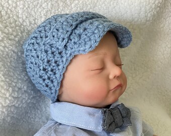 Crochet Blue Baby Boy Newsboy Hat with Brim, Baby Hats, Newborn Boy Hat, Crochet Hats,  Photo Props, Photography, Coming Home Outfit