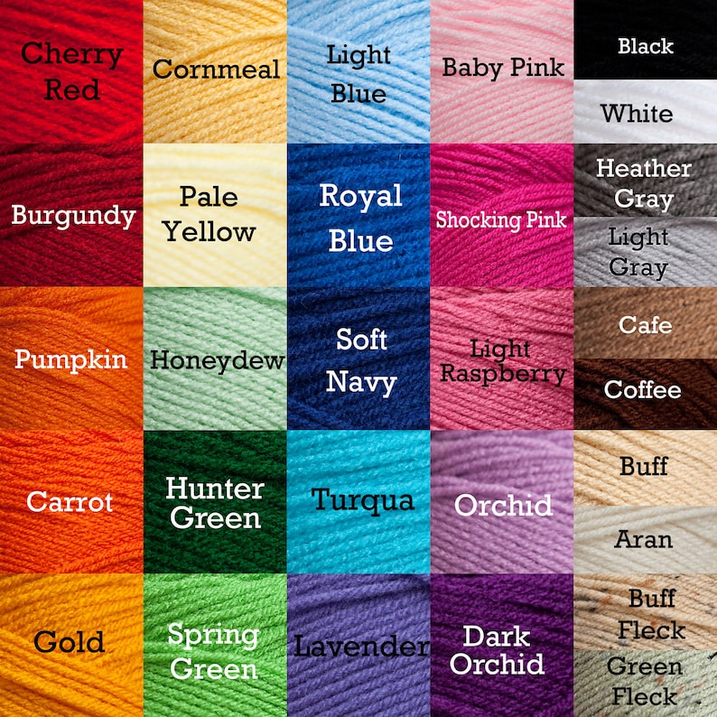 May include: A color chart of yarn with 36 different colors. The colors are arranged in a grid of six rows and six columns. The colors include cherry red, cornmeal, light blue, baby pink, black, white, burgundy, pale yellow, royal blue, shocking pink, heather gray, light gray, pumpkin, honeydew, soft navy, light raspberry, cafe, coffee, carrot, hunter green, turqua, orchid, buff, aran, gold, spring green, lavender, dark orchid, buff fleck, green fleck.