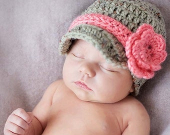Crochet Newborn Newsboy Hat, Baby Girl Photo Prop