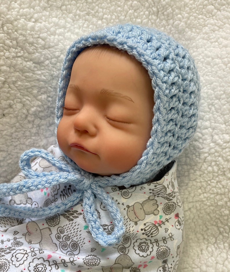 Gender Neutral Baby Bonnet Baby Blue Boy Crochet Hat Baby Boy Christening Baptism Bonnet Baby Boy Hat Unisex Baby Clothes image 1