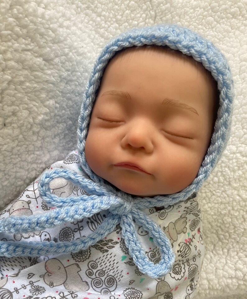 Gender Neutral Baby Bonnet Baby Blue Boy Crochet Hat Baby Boy Christening Baptism Bonnet Baby Boy Hat Unisex Baby Clothes image 5