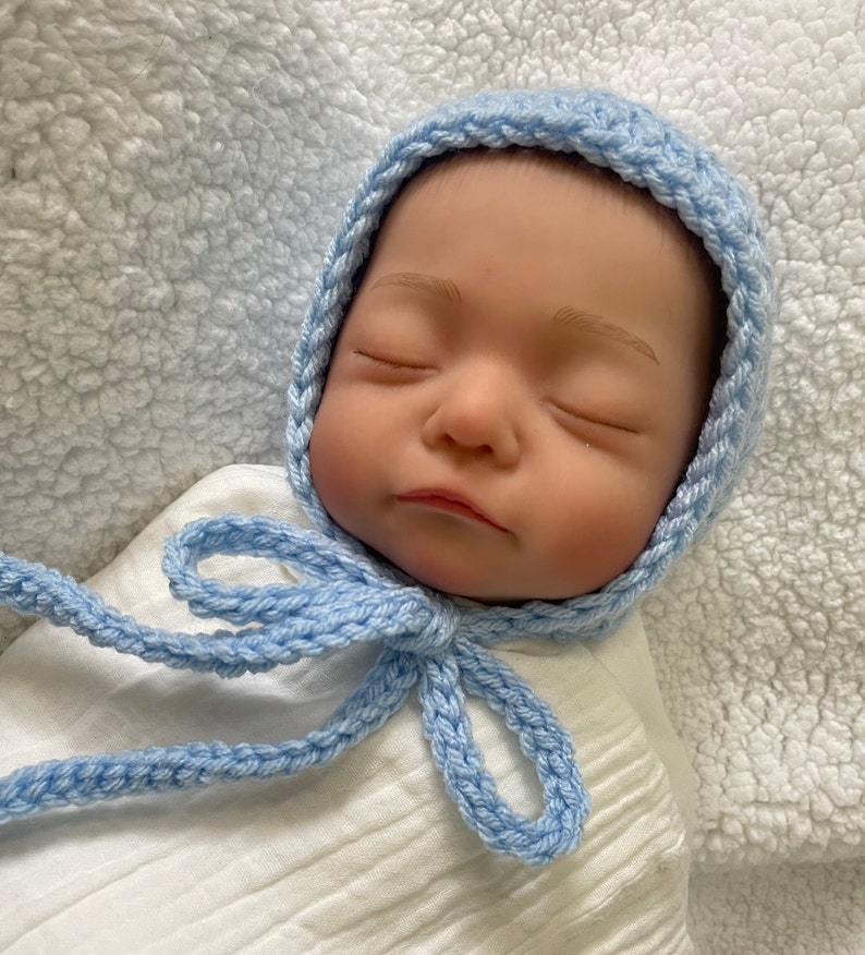 Gender Neutral Baby Bonnet Baby Blue Boy Crochet Hat Baby Boy Christening Baptism Bonnet Baby Boy Hat Unisex Baby Clothes image 4