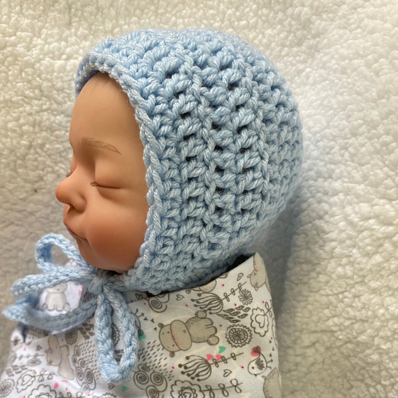 Gender Neutral Baby Bonnet Baby Blue Boy Crochet Hat Baby Boy Christening Baptism Bonnet Baby Boy Hat Unisex Baby Clothes image 3