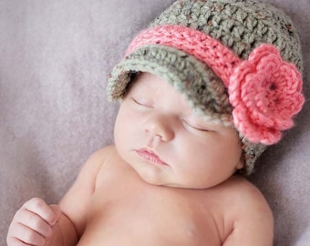 Crochet Baby Girl Newsboy Hat, Green,  Flower, Newborn Photo Prop