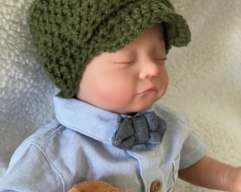 Crochet Green Baby Boy Newsboy Hat with Brim, Baby Hats, Newborn Boy Hat, Crochet Hats,  Photo Props, Photography, Coming Home Outfit