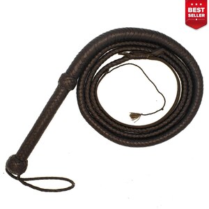 Indiana Jones Style Bullwhip Genuine Brown Leather Whips, 6-8 ft, 12 Plait Handmade Whip for Cosplay & Collectors