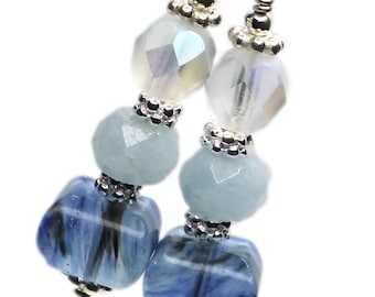 Faceted Aquamarine and Czech Glass Sterling Silver Earrings