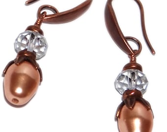 Rose Peach Pearl Earrings: Swarovski Crystal Blue, Antique Copper