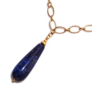 Lapis Lazuli Pendant with Gold Textured Oval Link Chain Necklace