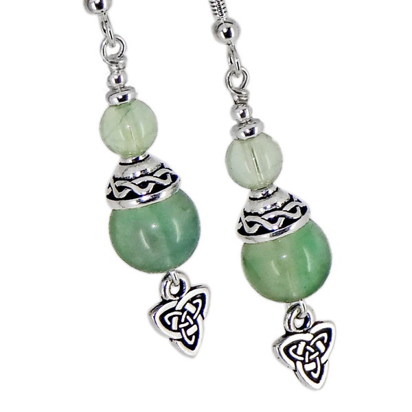 Celtic Silver Earrings Green Fluorite with Double Trinity Knot Charm