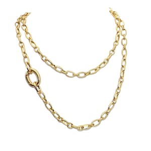 May include: A gold chain necklace with a large oval link at the bottom. The chain is made of two strands of linked ovals.