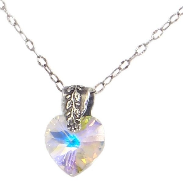 Aurora Borealis Heart with Antique Silver Vine Bail and Chain Necklace