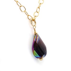 Gold Plated Stainless Steel Curb Chain Necklace: Rainbow Pendant