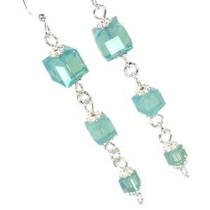 Aqua Pacific Opal Crystal Cubed Sterling Silver Dangle Earrings (made with Swarovski Elements)