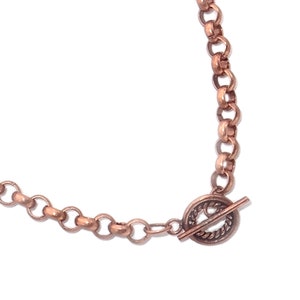 May include: A copper chain necklace with a toggle clasp. The chain is made of small, round links.