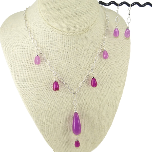 Fuchsia Magenta Lavender Candy Jade Teardrops Textured Silver Oval Chain Necklace and Earrings