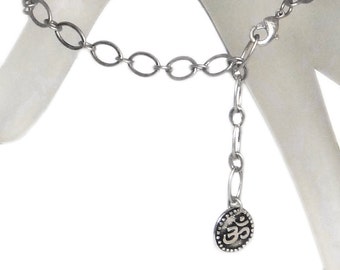 Silver Om Ohm Aum Charm on Antiqued Silver Chain Bracelet