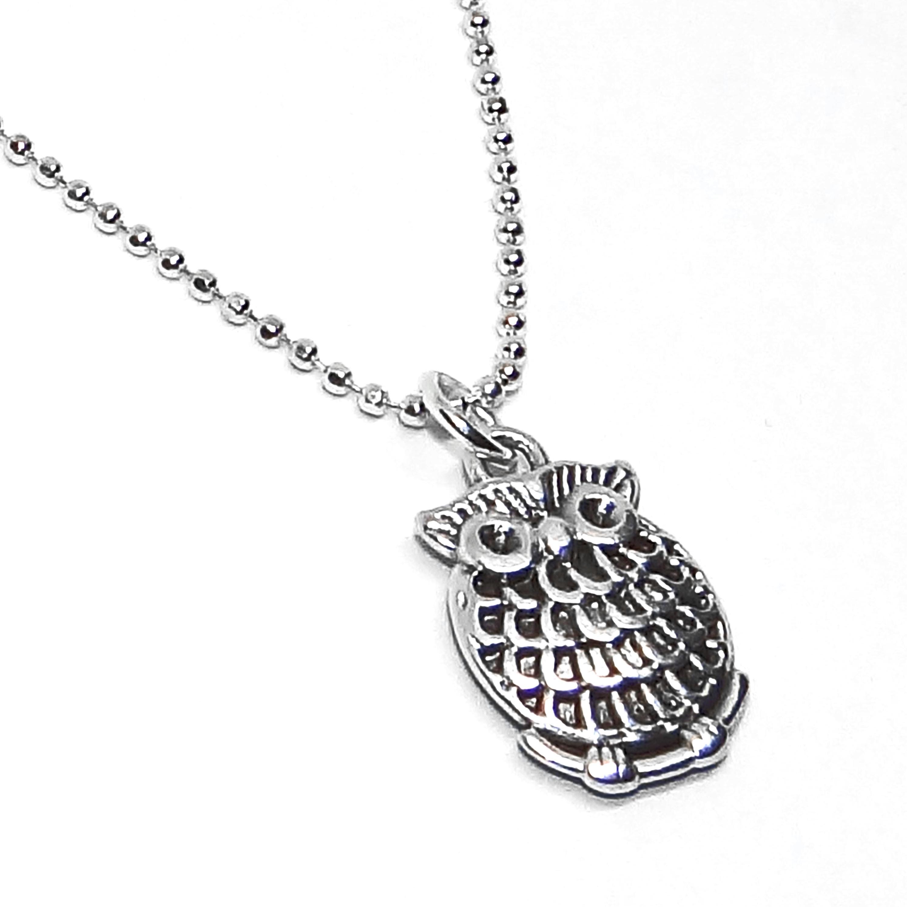 Silver Owl Pendant on Silver Diamond Cut Ball Chain Necklace