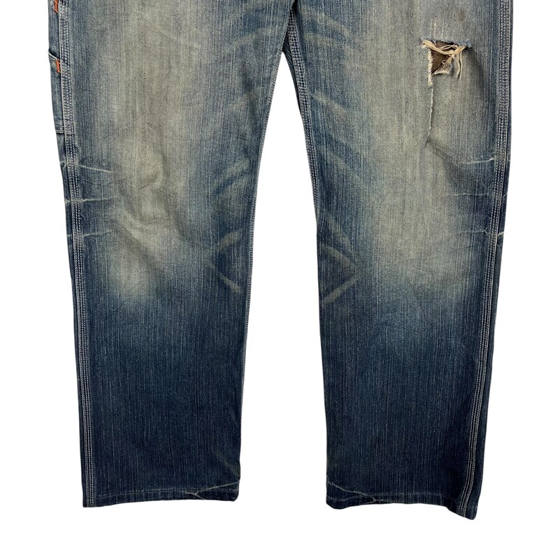 May include: Faded blue denim jeans with a distressed appearance. The jeans feature a straight leg cut, visible stitching, and a worn patch near the knee. The denim has a gradient effect, transitioning from a lighter to a darker blue.