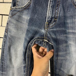May include: Close-up of blue denim jeans with visible stitching and pocket details. The jeans show signs of wear and fading, with a hand holding the fabric. The denim has a classic, casual style.