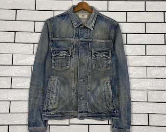 Vintage Japanese Designer Buckle Belt Distressed Denim Utility Jean Jacket Size XS