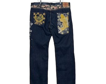 Vintage Japanese Designer Embroidery Logo Denim Jeans W40