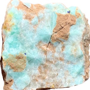 May include: A close-up of a natural mineral specimen. The stone features a light blue crystalline structure with radial patterns, set against a backdrop of tan and brown rock. Small, dark blue crystals are also visible.