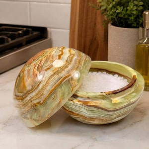 Handgemaakte groene onyx ronde pot – luxe natuurstenen opbergkom