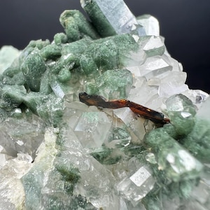 Puede incluir: Primer plano de un grupo de cristales de cuarzo con inclusiones verdes. Los cristales son transparentes y facetados, con una mezcla de tonos verde claro y blanco. Un pequeño mineral marrón oscuro está incrustado en el cuarzo.