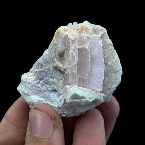 May include: A raw mineral specimen featuring a cluster of pale pink tourmaline crystals embedded in a matrix of light green and gray rock. The crystals are elongated and have a glassy appearance. The background is black.