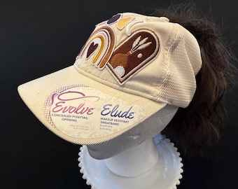 Boho Corduroy Ponytail Cap: Embroidered Rainbow Moon - Earth Tones