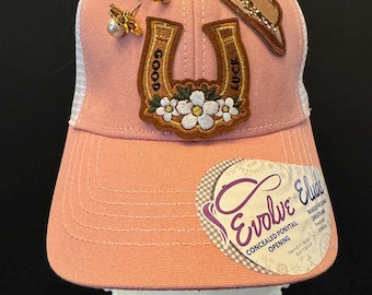 Good Luck Cowgirl Trucker Hat: Peach & White, Concealed Ponytail