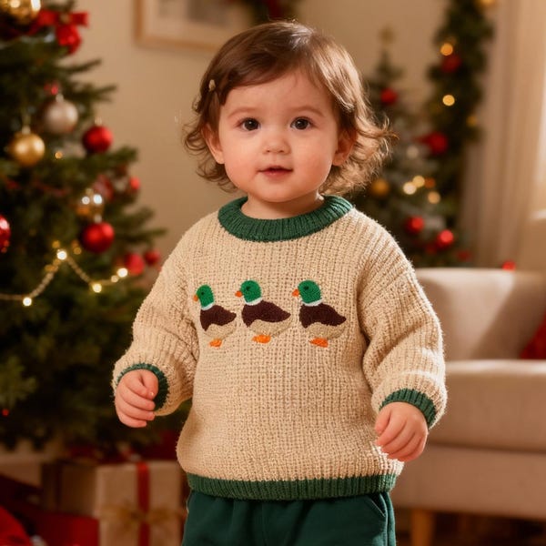 Embroidered Duck Baby Sweater, Toddler Knit Outfit, Animal Lover Pullover, Baby Boy Clothes
