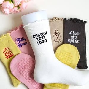 Custom Text Ruffle Yoga Socks, Logo Grips Pilates Socks, Team Gifts, Party Favors Bulk