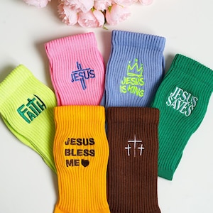 Embroidery Jesus Casual Socks, Christian Crew Socks, Unisex Cotton Socks, Christian Apparel Gift, Religious Gift, Baptism Gift, Gift for Her