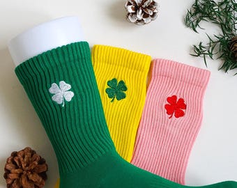 Embroidered Four-Leaf Clover Socks: Unisex Cotton Blend, Lucky Gift