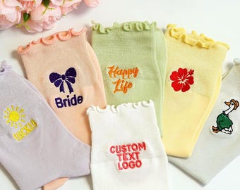 Meias com babados bordados personalizados: logotipo e texto personalizado, mistura de algodão