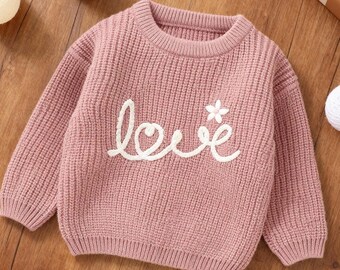 Hand Embroidered Love Baby Sweater, Knit Baby Girl Flower Sweaters, Toddler Winter Gift