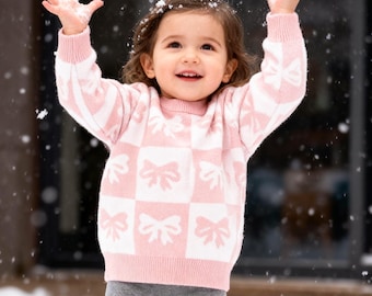 Pink Waffle Bow Tie Baby Sweater, Knit Toddler Winter Clothes, Baby Girl Gift