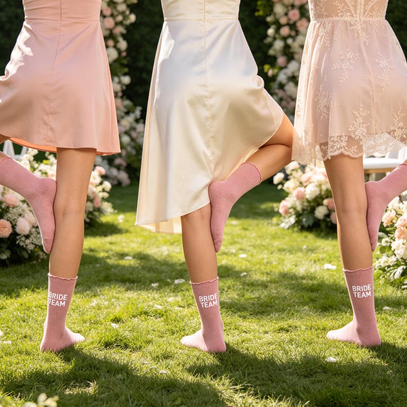 May include: Three pairs of dusty pink crew socks with a ruffled top edge and the white text BRIDE TEAM printed on the side. The socks are worn by three individuals in dresses, each standing on one leg to display the footwear against a green lawn.