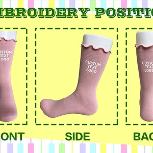 May include: Three views of a dusty pink ribbed sock with a ruffled top edge, displayed on a white form. Each sock features the white text CUSTOM TEXT LOGO embroidered on the upper shaft. The image shows front, side, and back perspectives.