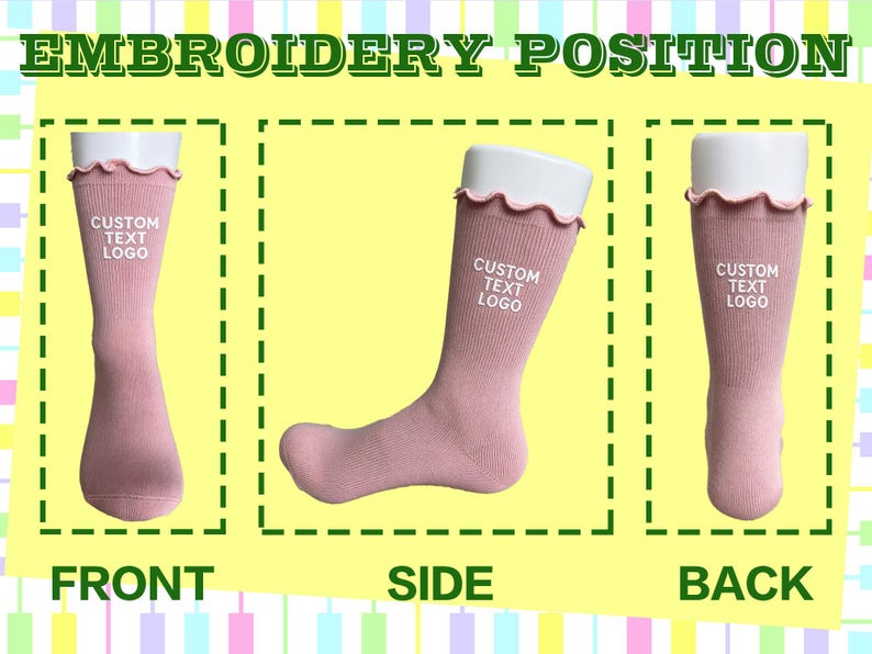May include: Three views of a dusty pink ribbed sock with a ruffled top edge, displayed on a white form. Each sock features the white text CUSTOM TEXT LOGO embroidered on the upper shaft. The image shows front, side, and back perspectives.