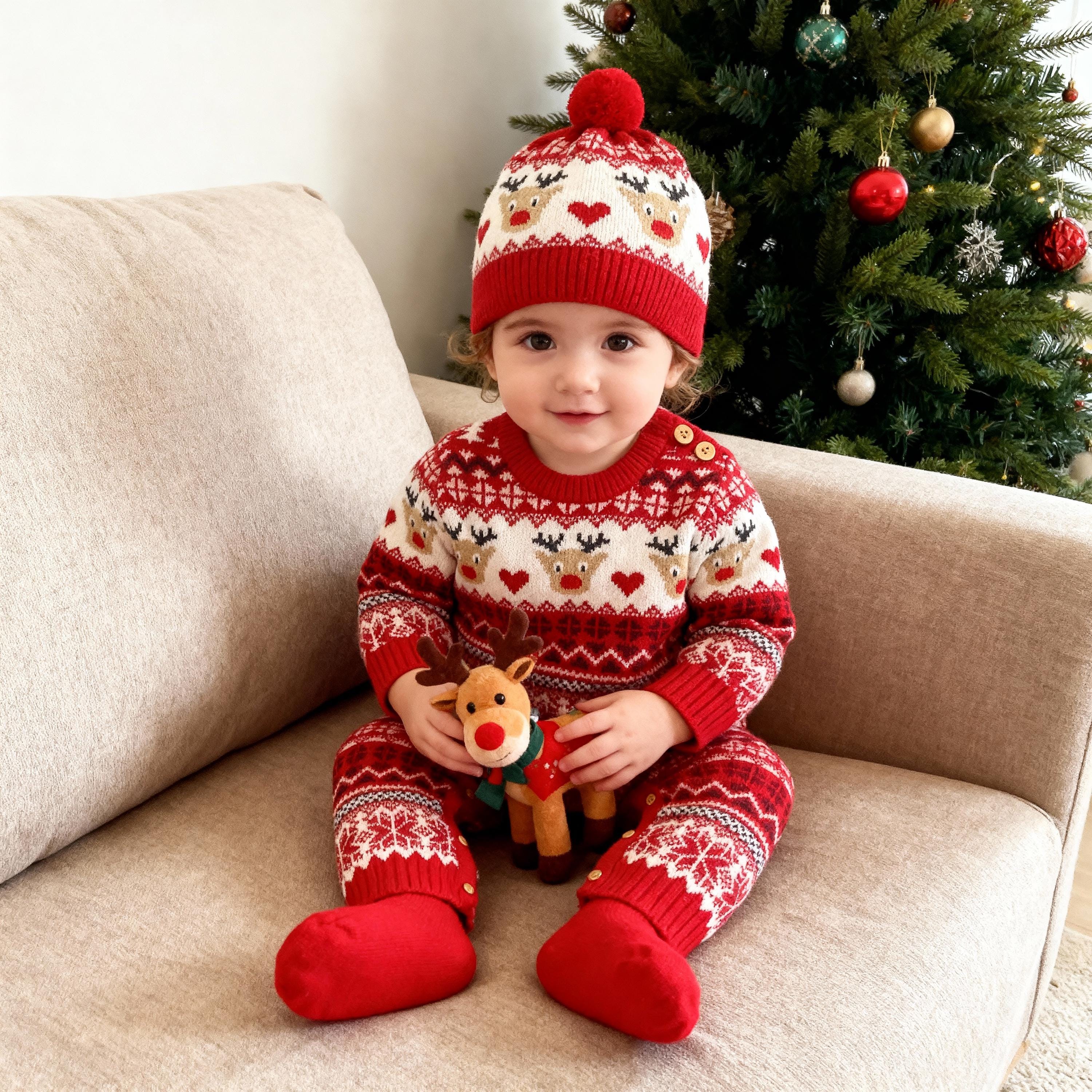 white christmas dresses Red Check Christmas Tree Bishop Smocked Dress Set main image 1