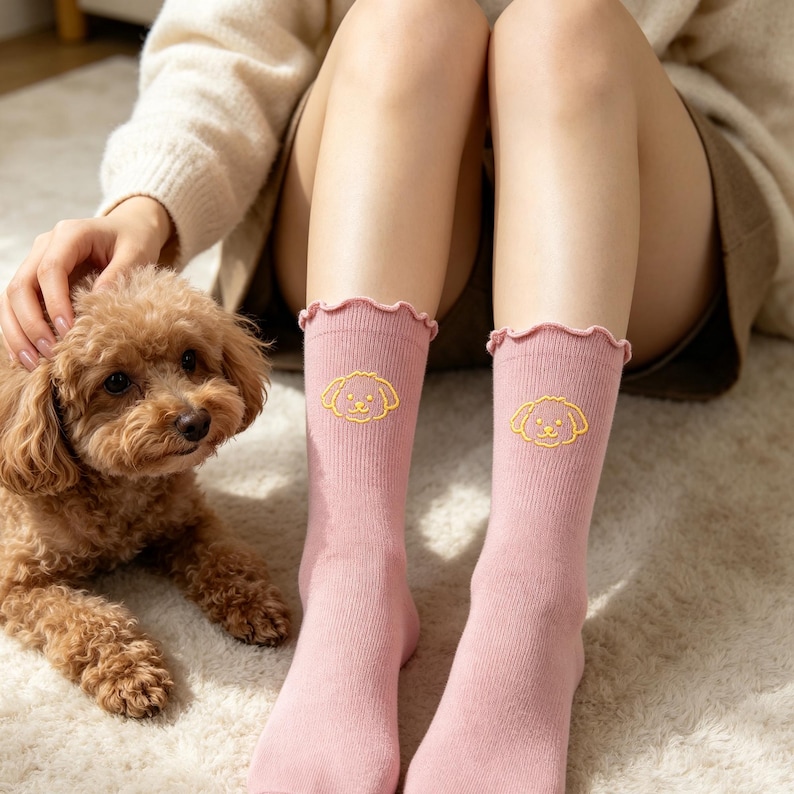 May include: A pair of dusty pink ribbed socks featuring a ruffled lettuce-edge cuff and a small, yellow embroidered outline of a curly-haired dog face on the front of each sock, positioned mid-calf on the lower legs.