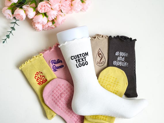 Custom Text Ruffle Yoga Socks, Logo Grips Pilates Socks, Team Gifts, Party Favors Bulk