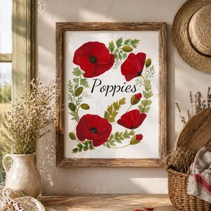 Può includere: Una stampa incorniciata con papaveri rossi vibranti con fogliame verde, la parola "Poppies" è scritta in un carattere script. L'opera d'arte è ambientata su uno sfondo neutro, con una cornice in legno rustico. Un cappello di paglia è appeso vicino.